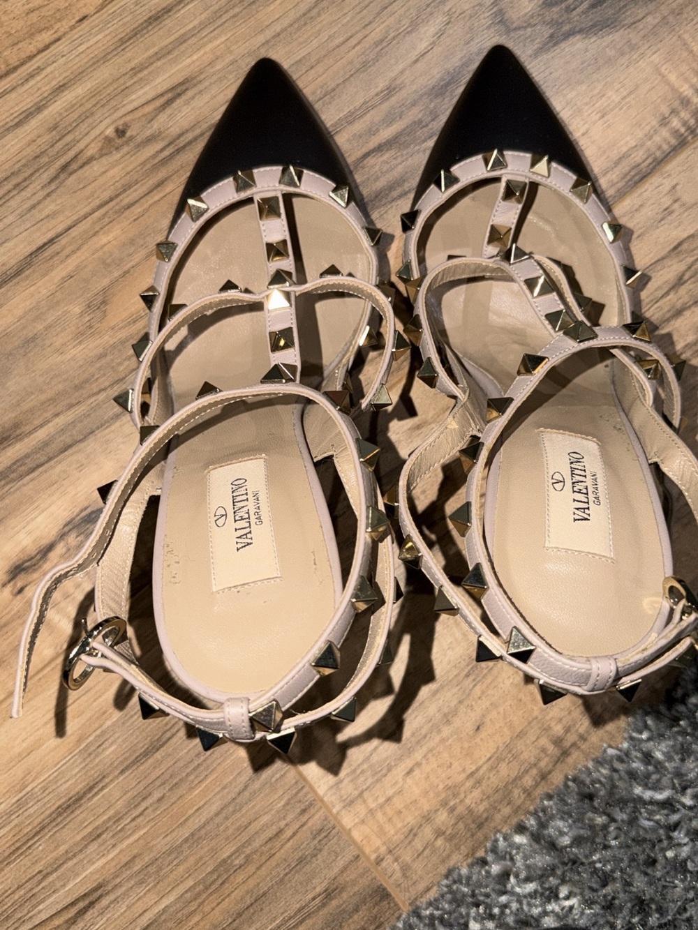 Valentino Garavani Pointed Rockstud Caged Pumps in Black and Nude